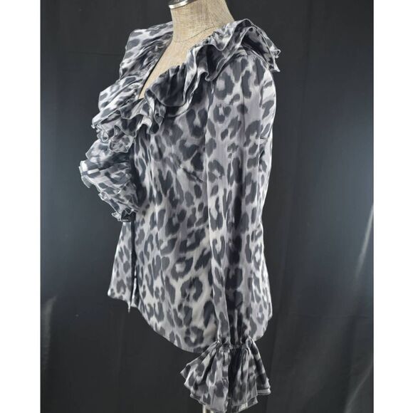 St. John Ruffle Collar Silver Cheetah Print Button Up Top- 8 - Picture 6 of 8